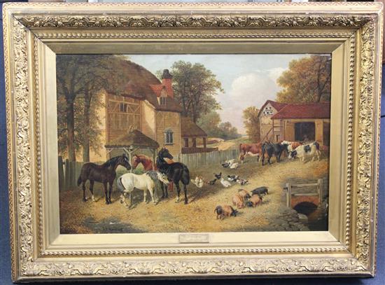 John Frederick Herring Jnr (1815-1907) Farmyard scene with horses, cattle, pigs and poultry, 20 x 30in.